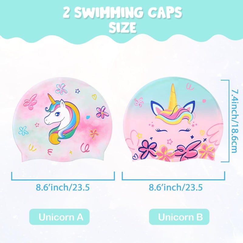 WAWSAM 2 Pack Kids Swim Cap Silicone Waterproof Swim Caps for Boys Girls (3-8 Years) Unicorn Mermaid Design Swimming Cap for Kids 3-8 Long and Short Hair - Image 2